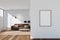 Frame mockup on wall and minimalist white kitchen with brown sofa