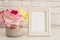 Frame Mockup. White Frame Mock up. Cream Picture Frame, Vase With Pink Roses. Product Frame Mockup. Wall Art Display Template, Bri