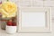 Frame Mockup. White Frame Mock Up. Cream Picture Frame, Vase With Pink Roses, Strawberries In Gold Bowl. Product Frame Mockup. Wal
