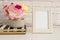 Frame Mockup. White Frame Mock up. Cream Picture Frame, Vase With Pink Roses on Stripe Notebooks. Product Frame Mockup. Wall Art D