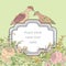 Frame over floral background. Flourish border with birds. Decorative spring card. Flower wallpaper.