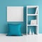 Frame poster mockup in home interior, blue pillows and white bookshelves AI Generaion