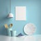 Frame poster mockup in home interior, marble counter and blue plates AI Generaion