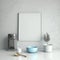 Frame poster mockup in home interior, marble countertop and blue dishes AI Generaion