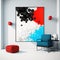 Frame poster mockup in home interior, white clouds and black comets, blue crystals and red cubes AI Generaion