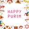 Frame with purim holiday flat design icons with text in english