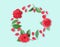 Frame of red Camellia flowers, leaves and red petals on cyan background. Flat lay, top view. Frame of spring flowers. Is