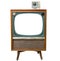 Frame, retro. A very old tube TV with a built-in stand for a speaker on legs and a radio.
