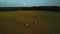 A frame taken from a drone. A field with a large number of haystacks.
