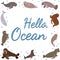 Frame template with cartoon sea animals. Ocean background with square silhouette.