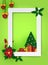Frame template with decorated christmas tree, gifts, balls. Red poinsetia flower. Place for text