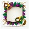 Frame Template with Golden Carnival Masks on White Background. Glittering Celebration Festive Border. Generative Ai