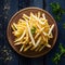 Frame Tempting french fries elegantly presented on a wooden plate