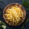 Frame Tempting french fries elegantly presented on a wooden plate