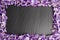 Frame from violet wisteria flowers on black slate background