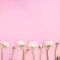 Frame of white ranunculus flowers and buds pink background. Flat lay, top view. Floral background.