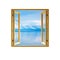 Frame window open wooden sky water clouds view