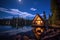 a-frame wooden cabin by the lake under a starry sky