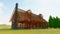 The frame of a wooden house on a concrete foundation with a fireplace and a chimney. Unfinished object in a beautiful natural plac