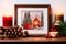 A framed embroidered christmas card with ornaments and candles on wooden table. Winter background with pine twigs