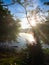 Framed Lakeside Morning Dawn Sunrise with Sun Rays Coming Through Trees