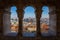 Framed panorama of the city, shot taken from window at Fishermans Bastion during winter sunny day