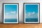 Framed picture prints of ocean and blue sky landscape photography on wooden floor