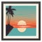 a framed poster with a sunset and palm trees