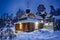 Framed by Trees Wooden House-Chapel with Font After Snowfall in Twilight