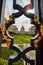 Framed view of courtyard and city hall through fancy black and golden gilded lamppost