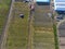 Frameworks of greenhouses, top view. Construction of greenhouses in the field. Agriculture, agrotechnics of closed ground