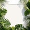 Framing border with tropical leaves on white background backdrop and copy space.