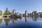 France, Alsace, View of Strasbourg old town cityscape from Barrage Vauban promenade