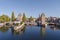 France, Alsace, View of Strasbourg old town cityscape from Barrage Vauban promenade