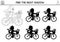 France black and white shadow matching activity. Puzzle with girl riding a bike with basket with baguette, flowers. Find correct