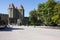 France, Carcassonne- AUGUST 28, 2014. Main entrance to the castle. Two towers rise above the entrance