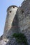 France, Carcassonneâ€” AUGUST 28, 2014. Powerful fortifications and bastions of Carcassonne Castle. Beautiful conical blue roofs