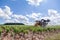 France Chablis 2019-06-21 Orange tractor cultivate field, tractor spraying vineyard with fungicide, sprayer machine
