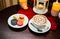 France dessert macaroons and cup cappuccino on table in cafe.