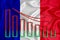 France flag, the fall of the currency against the background of the flag and stock price fluctuations. Crisis concept with falling