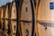 France Lyon 2019-06-21 giant wooden barrels, aging, fermentation, store modern cellar Brocard, chess floor. Concept