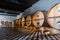 France Lyon 2019-06-21 giant wooden barrels, aging, fermentation, store modern cellar Brocard, chess floor. Concept sommelier trip