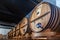 France Lyon 2019-06-21 rows giant wooden barrels, aging, fermentation, storage in Brocard wine cellar, black and white