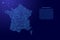 France map from blue isolines or level line geographic topographic map grid and glowing space stars. Vector illustration