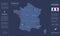 France map, separate regions with names, infographics blue flat design