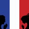 France national flag. People man and woman hands pray for Nice. World support for France.