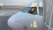 France, Nice, 10 July 2019: The plane cabin, the commander of the plane and the second pilot prepare for a departure, a