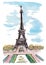 France, Paris urban sketch. Eiffel tower illustration on white background with blue sky. Architectural drawing of historical
