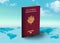 France Passport on world map with clouds in background