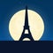 France silhouette of attraction. Travel banner with moon on the night background. Trip to country. Travelling illustration.